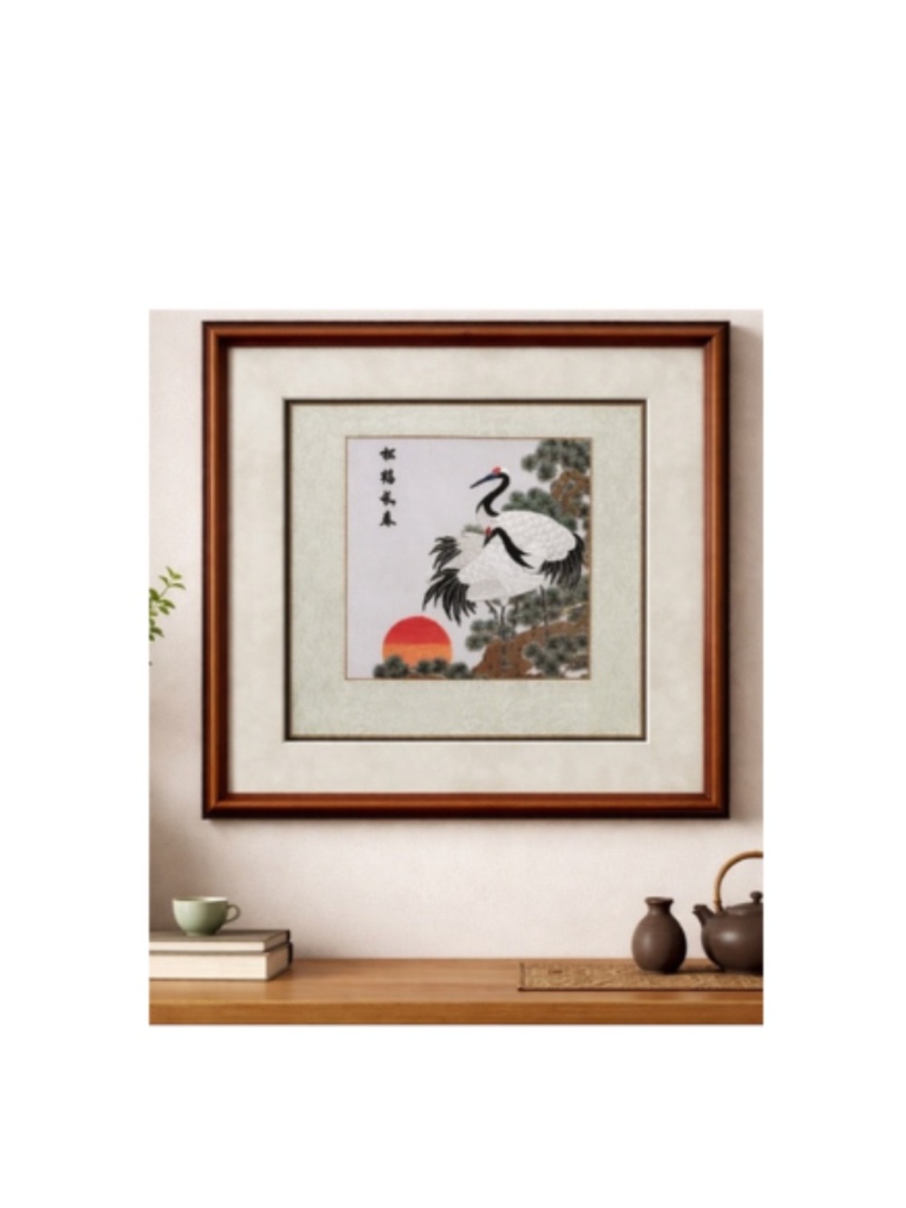 Framed Art Chinese Silk Embroidery Cranes Longevity